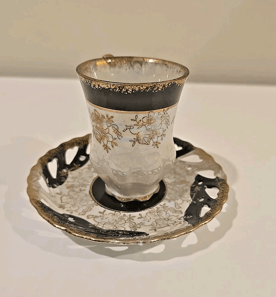 Lefton Demitasse Cup w/ Reticulated Saucer Black White Lustre Gold Gilt - Thumbnail 5