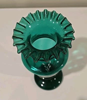 Antique 19th C Turkish Market Green Gold Bohemian Art Glass Ruffled Vase 10" - Thumbnail 7
