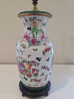 Antique Chinese Export Chinoiserie Porcelain Fruit Longevity Vase Lamp 29" H - Thumbnail 8