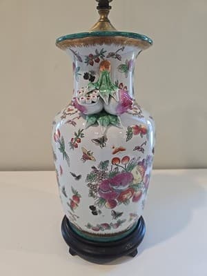 Antique Chinese Export Chinoiserie Porcelain Fruit Longevity Vase Lamp 29" H - Thumbnail 4