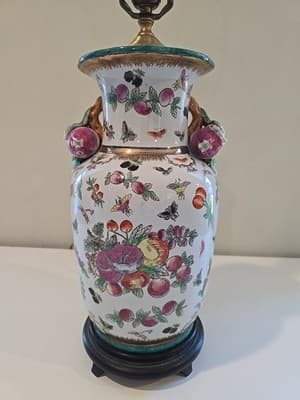 Antique Chinese Export Chinoiserie Porcelain Fruit Longevity Vase Lamp 29" H - Thumbnail 2