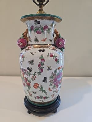 Antique Chinese Export Chinoiserie Porcelain Fruit Longevity Vase Lamp 29" H - Thumbnail 6