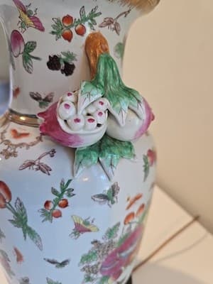 Antique Chinese Export Chinoiserie Porcelain Fruit Longevity Vase Lamp 29" H - Thumbnail 10