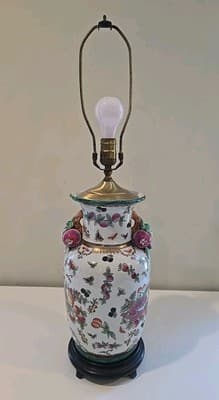 Antique Chinese Export Chinoiserie Porcelain Fruit Longevity Vase Lamp 29" H - Thumbnail 5