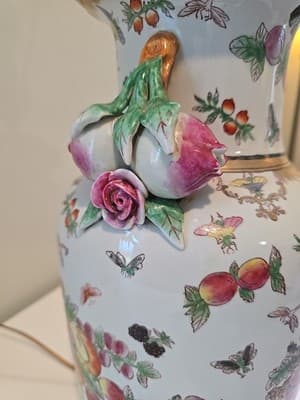 Antique Chinese Export Chinoiserie Porcelain Fruit Longevity Vase Lamp 29" H - Thumbnail 9