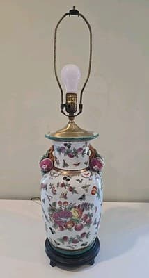 Antique Chinese Export Chinoiserie Porcelain Fruit Longevity Vase Lamp 29" H