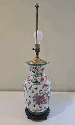 Antique Chinese Export Chinoiserie Porcelain Fruit Longevity Vase Lamp 29" H - Thumbnail 3