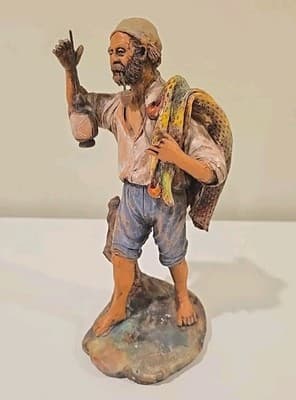 RARE 1950 Italian Neapolitan Handmade & Painted Terracotta Fisherman Signed - Thumbnail 4