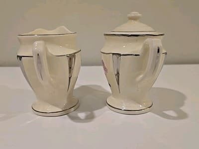 Art Deco Flowers Silver Trim Set of Creamer and Sugar Bowl 2249B UV REACTIVE - Thumbnail 5