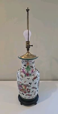 Antique Chinese Export Chinoiserie Porcelain Fruit Longevity Vase Lamp 29" H - Thumbnail 7