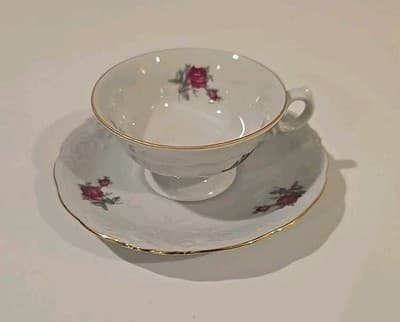 Vintage Wawel Poland Rose Bud Pattern Gold Gilt Tea Cup Saucer Plate 2 PC Set