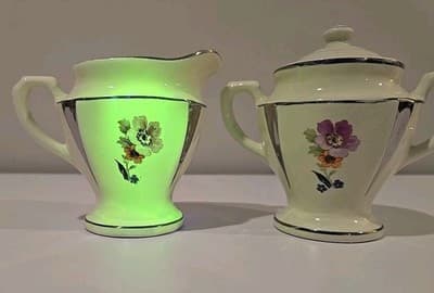 Art Deco Flowers Silver Trim Set of Creamer and Sugar Bowl 2249B UV REACTIVE - Thumbnail 9