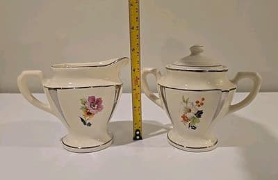 Art Deco Flowers Silver Trim Set of Creamer and Sugar Bowl 2249B UV REACTIVE - Thumbnail 2