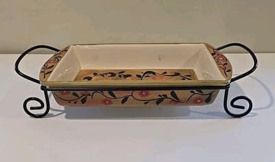 Certified International Ceramic Baking Dish with Metal Stand Sunflowers 17"