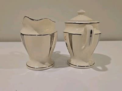 Art Deco Flowers Silver Trim Set of Creamer and Sugar Bowl 2249B UV REACTIVE - Thumbnail 3