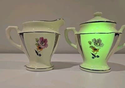 Art Deco Flowers Silver Trim Set of Creamer and Sugar Bowl 2249B UV REACTIVE - Thumbnail 8