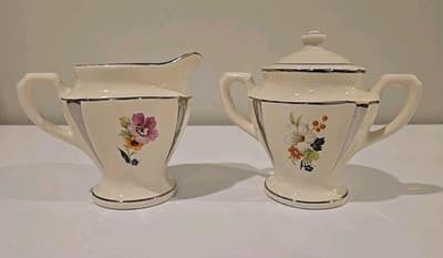 Art Deco Flowers Silver Trim Set of Creamer and Sugar Bowl 2249B UV REACTIVE