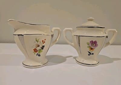 Art Deco Flowers Silver Trim Set of Creamer and Sugar Bowl 2249B UV REACTIVE - Thumbnail 4