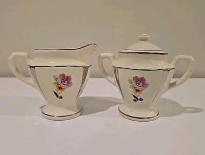Art Deco Flowers Silver Trim Set of Creamer and Sugar Bowl 2249B UV REACTIVE - Thumbnail 7