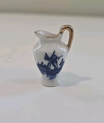 Miniature Dollhouse Pitcher White Porcelain with Blue Windmill Golf Trim