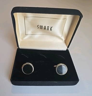 Vintage Swank Cufflinks Black Enamel Gold Tone Round Tie Bar Set
