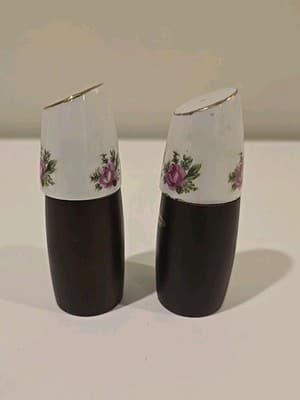 VTG Salt & Pepper Shakers by NEVCO Ceramic Top w/ Wood Base Rose Motif - Thumbnail 3