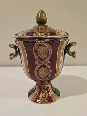 Oriental Accent Since 1880 Urn Vase w/ Lid Gold Blue Red 9.75"