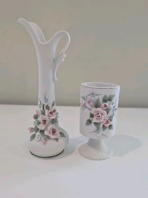Lefton China Bud Vase Pitcher Hand and Pedestal Holder Painted Flowers Numbered