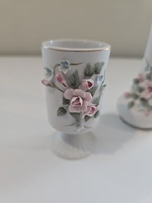 Lefton China Bud Vase Pitcher Hand and Pedestal Holder Painted Flowers Numbered - Thumbnail 9