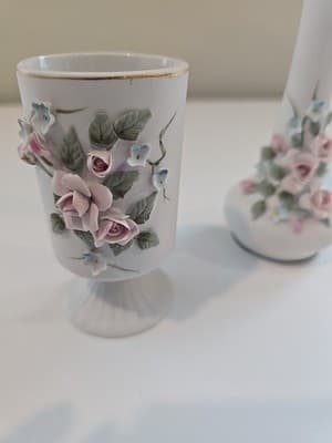 Lefton China Bud Vase Pitcher Hand and Pedestal Holder Painted Flowers Numbered - Thumbnail 11