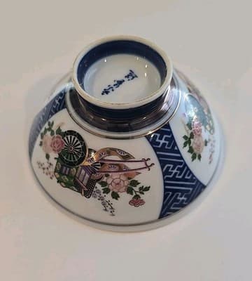 Chinese Japanese Rice Bowl 22k Gold Bands Highlights Cobalt Blue White - Thumbnail 8