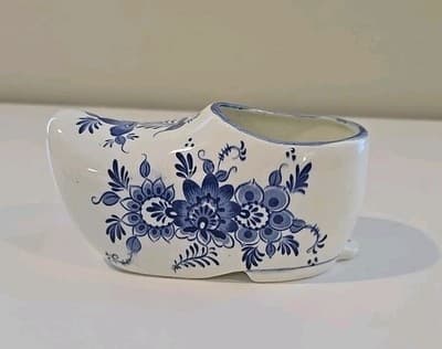 Vintage Dutch Shoe Clog Planter Delft Blue Flower Floral