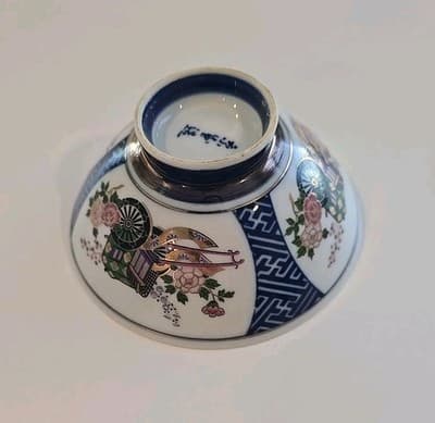 Chinese Japanese Rice Bowl 22k Gold Bands Highlights Cobalt Blue White - Thumbnail 7