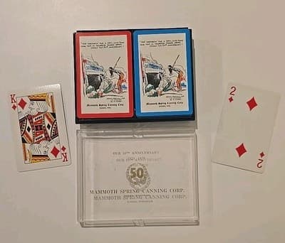 2 Near Mint Decks of Mammoth Spring Canning Playing Cards 50th Anniversary 1970s