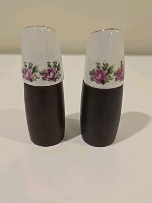 VTG Salt & Pepper Shakers by NEVCO Ceramic Top w/ Wood Base Rose Motif - Thumbnail 5