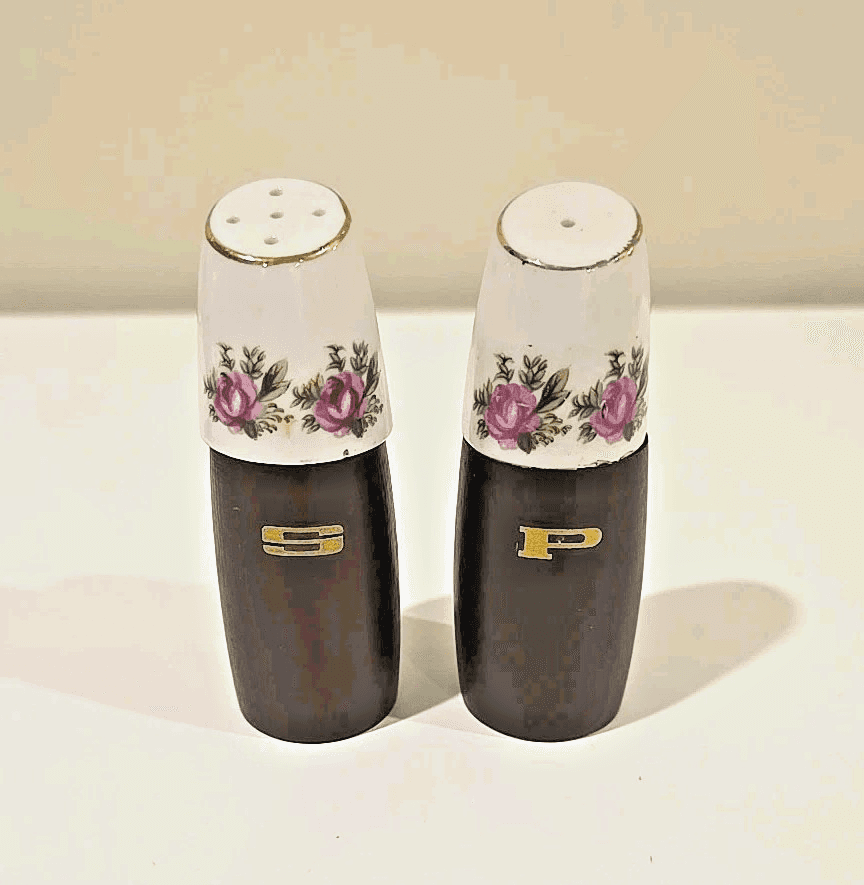VTG Salt & Pepper Shakers by NEVCO Ceramic Top w/ Wood Base Rose Motif