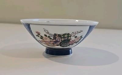 Chinese Japanese Rice Bowl 22k Gold Bands Highlights Cobalt Blue White - Thumbnail 2