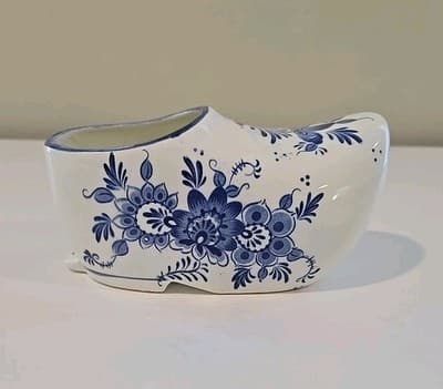 Vintage Dutch Shoe Clog Planter Delft Blue Flower Floral - Thumbnail 5