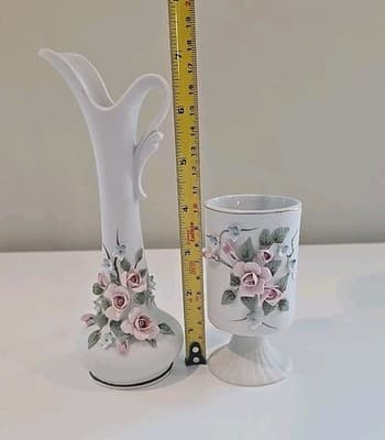 Lefton China Bud Vase Pitcher Hand and Pedestal Holder Painted Flowers Numbered - Thumbnail 2