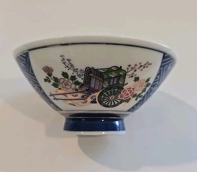 Chinese Japanese Rice Bowl 22k Gold Bands Highlights Cobalt Blue White