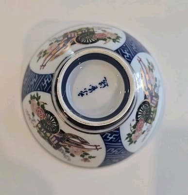 Chinese Japanese Rice Bowl 22k Gold Bands Highlights Cobalt Blue White - Thumbnail 9