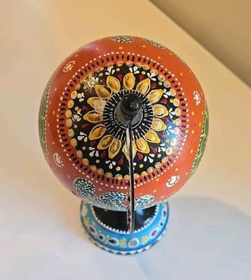 Hand Painted Peacock Motif Ornate Boho Folk Art Globe On Metal Stand 8.5" Tall - Thumbnail 4