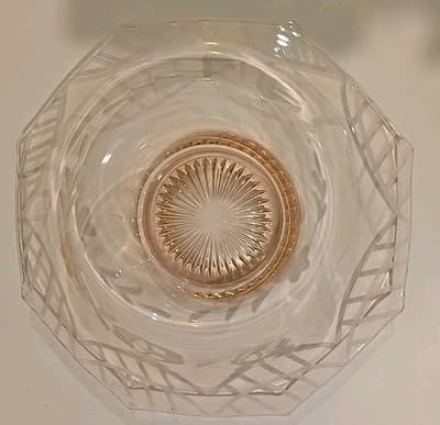 Vtg Hexagonal Pink Etched Depression Glass Centerpiece Console bowl Art Deco - Thumbnail 5