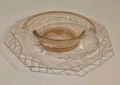Vtg Hexagonal Pink Etched Depression Glass Centerpiece Console bowl Art Deco