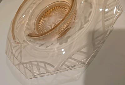 Vtg Hexagonal Pink Etched Depression Glass Centerpiece Console bowl Art Deco - Thumbnail 4