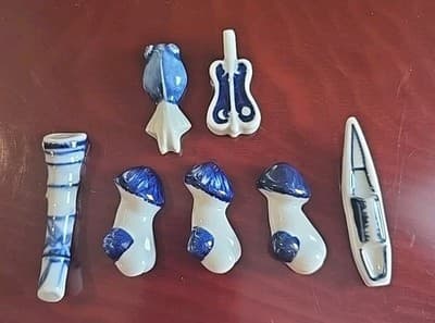 7 VTG Cobalt Blue White Porcelain Chopsticks Rests Hashioki Japan Maker Stamped