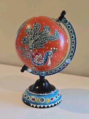 Hand Painted Peacock Motif Ornate Boho Folk Art Globe On Metal Stand 8.5" Tall