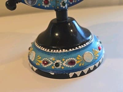 Hand Painted Peacock Motif Ornate Boho Folk Art Globe On Metal Stand 8.5" Tall - Thumbnail 5