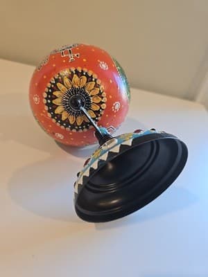 Hand Painted Peacock Motif Ornate Boho Folk Art Globe On Metal Stand 8.5" Tall - Thumbnail 6