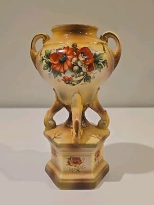 Large 8" Tall Vintage Czech Pottery Poppy Double Handled Floral Vase